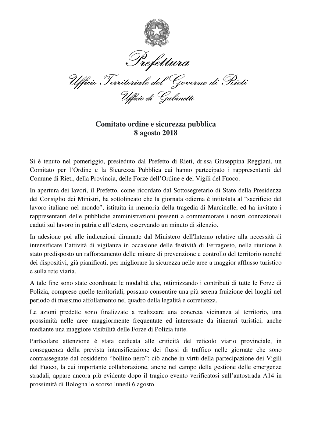 Prefettura Di Rieti-Comunicato 08.08.2018