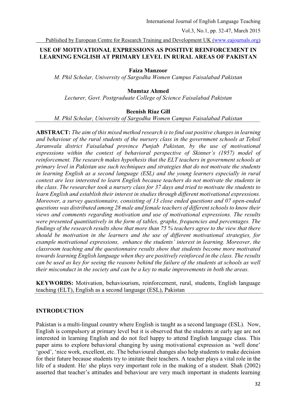 Use of Motivational Expressions As Positive Reinforcement in Learning English at Primary Level in Rural Areas of Pakistan