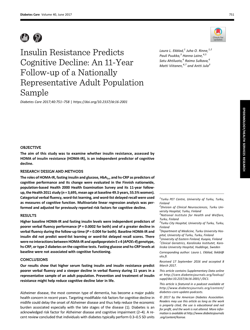 Insulin Resistance Predicts Cognitive Decline