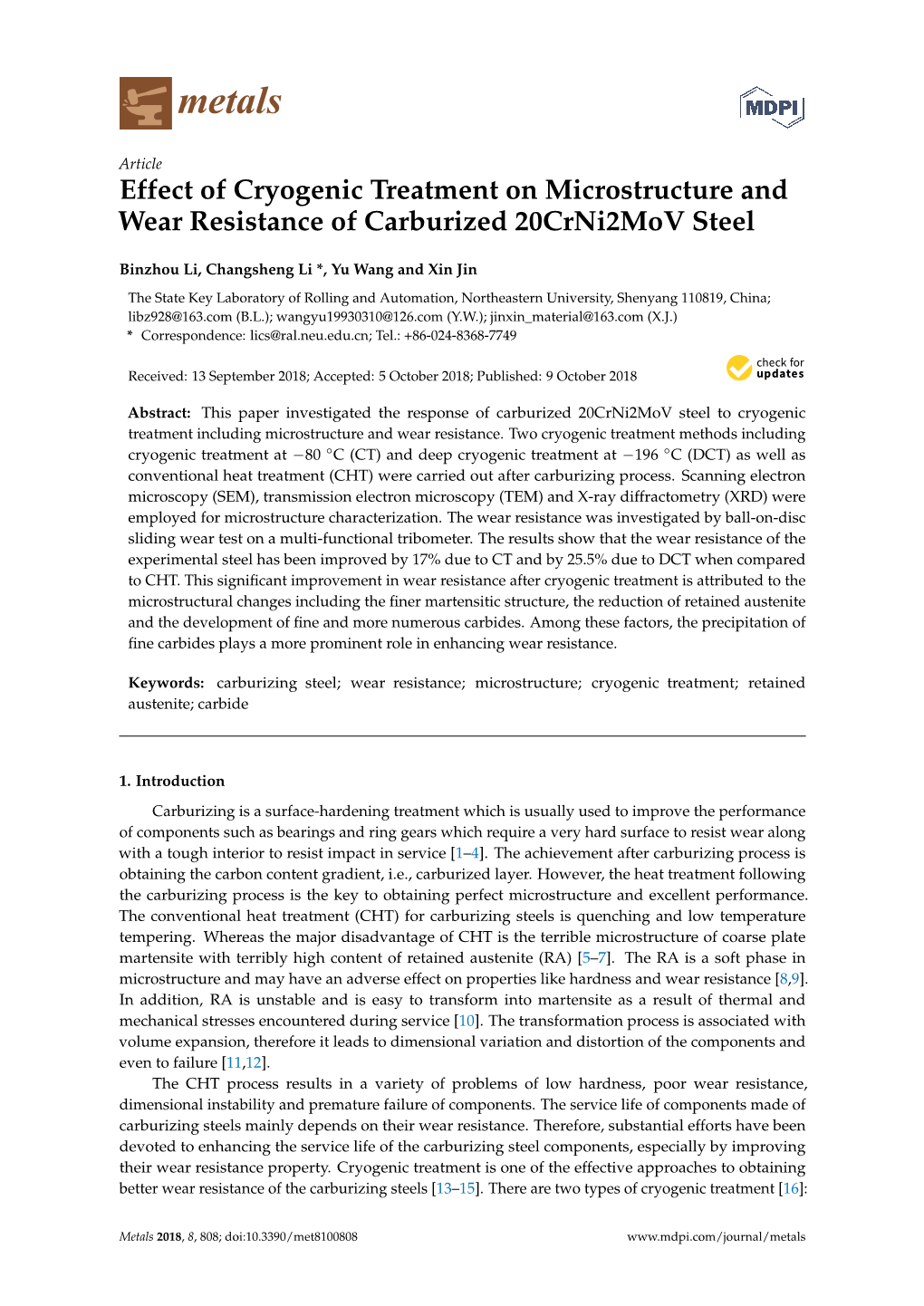 Effect of Cryogenic Treatment on Microstructure and Wear Resistance of Carburized 20Crni2mov Steel