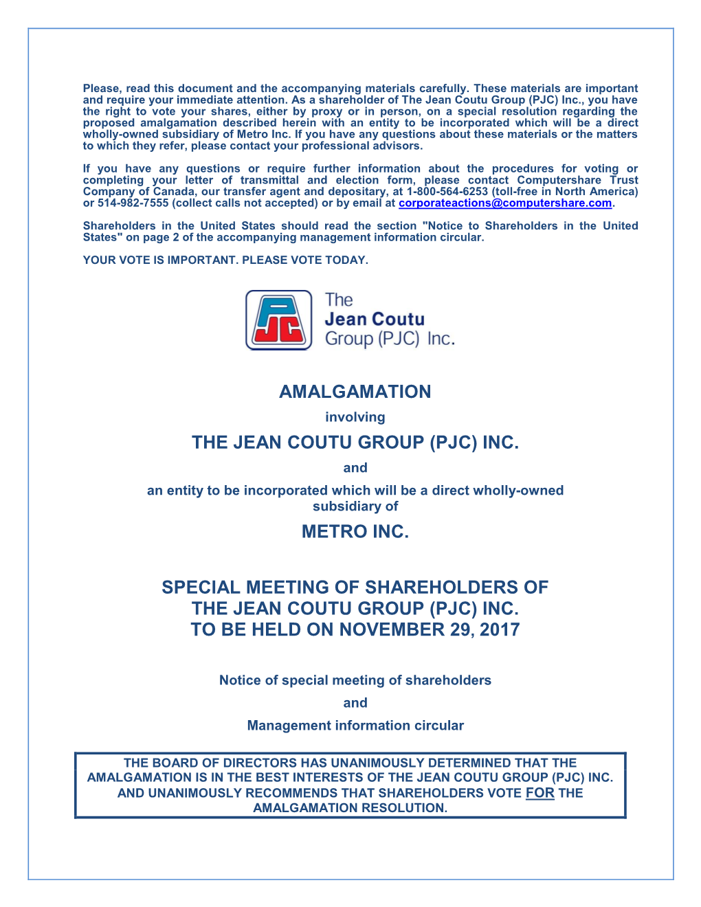 Amalgamation the Jean Coutu Group (Pjc)