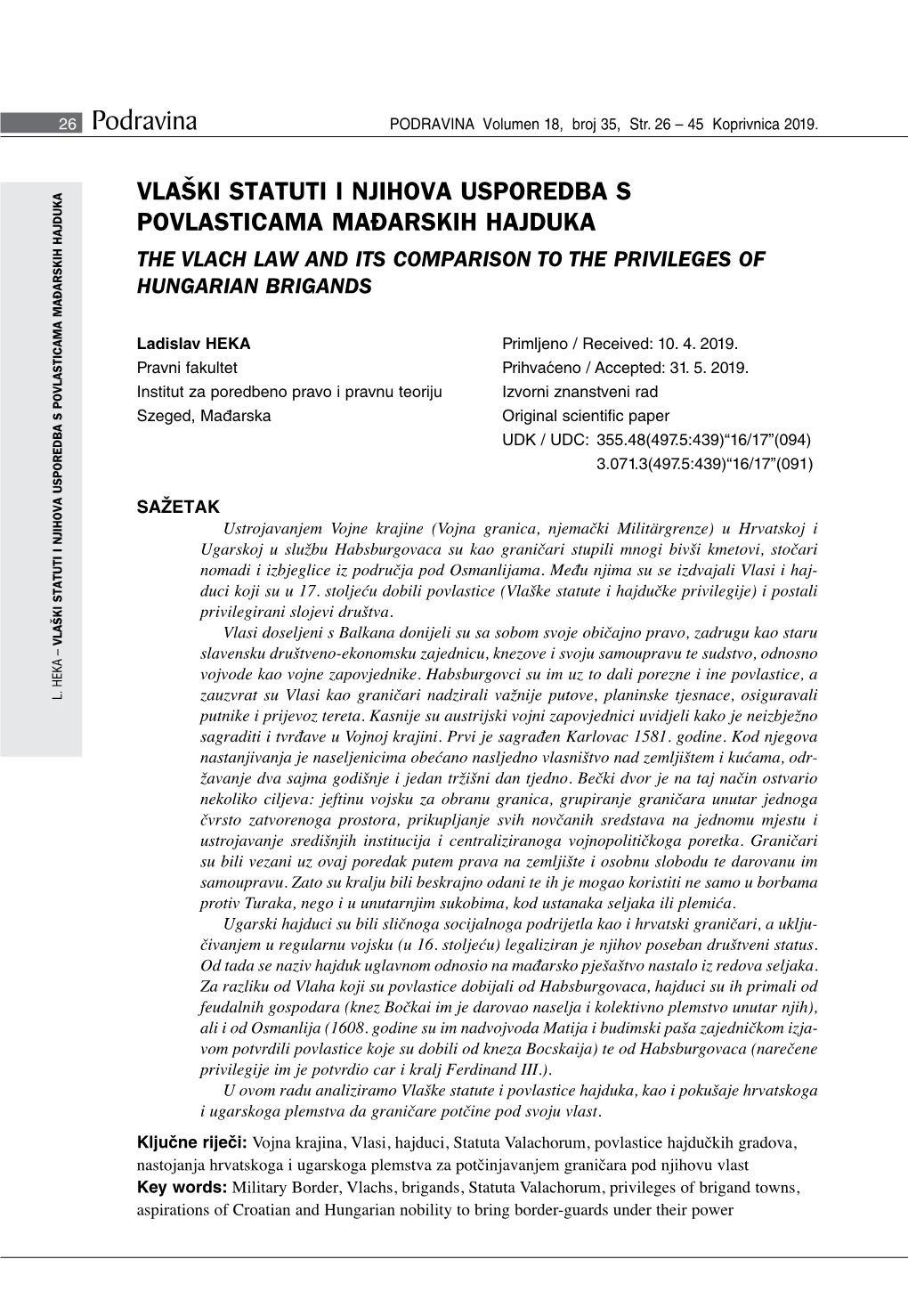 The Vlach Law and Its Comparison to the Privileges of Hungarian Brigands