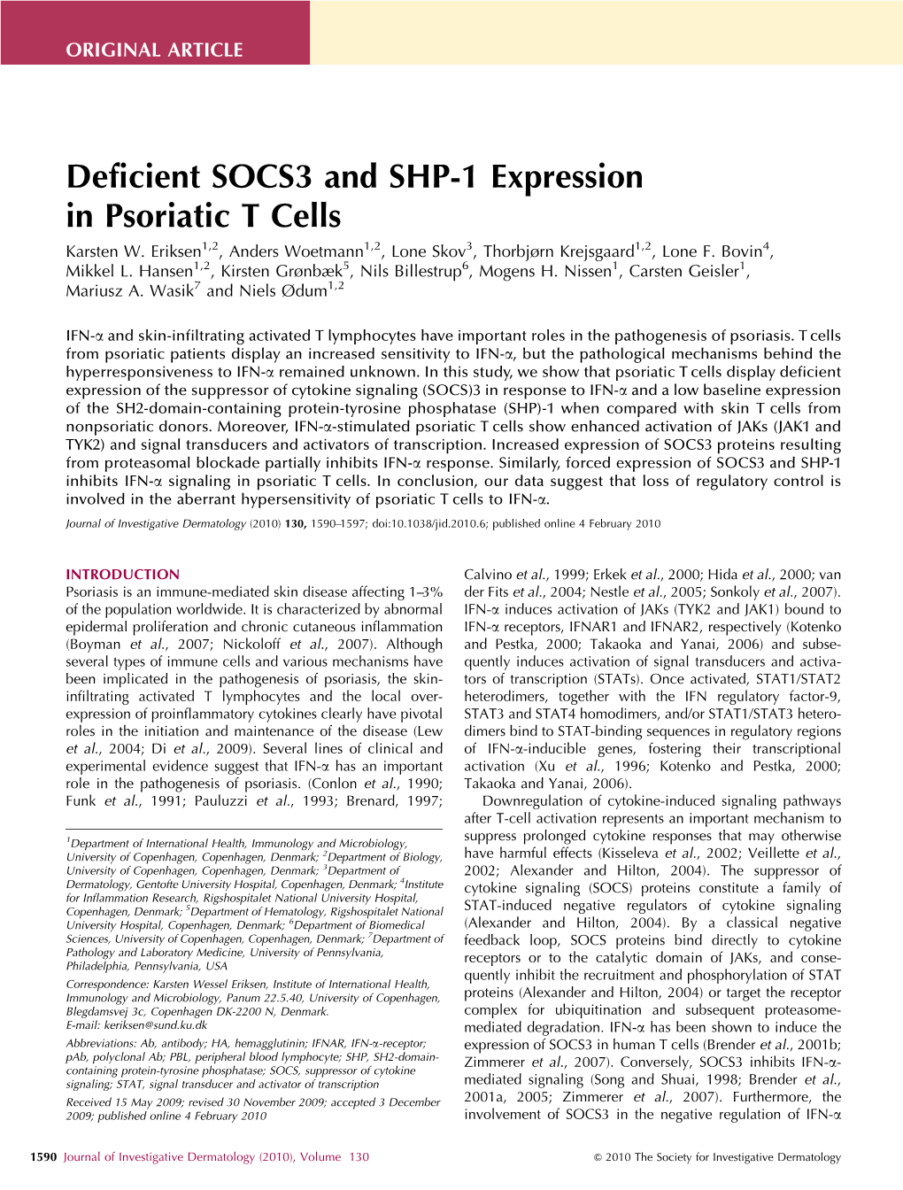 Deficient SOCS3 and SHP-1 Expression in Psoriatic T Cells Karsten W