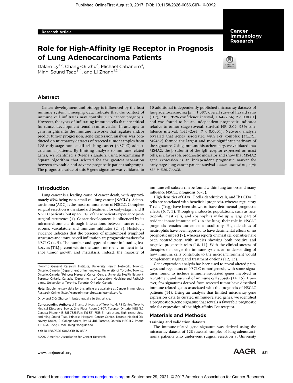 Role for High-Affinity Ige Receptor in Prognosis of Lung Adenocarcinoma Patients