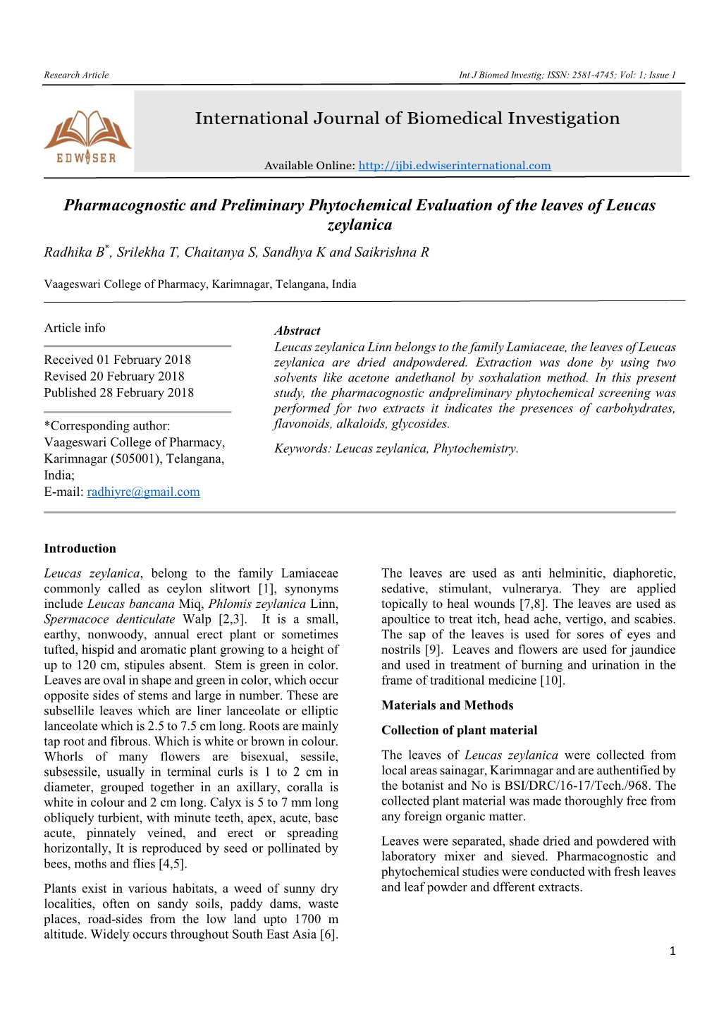 Pharmacognostic and Preliminary Phytochemical Evaluation of the Leaves of Lucas Zeylanica