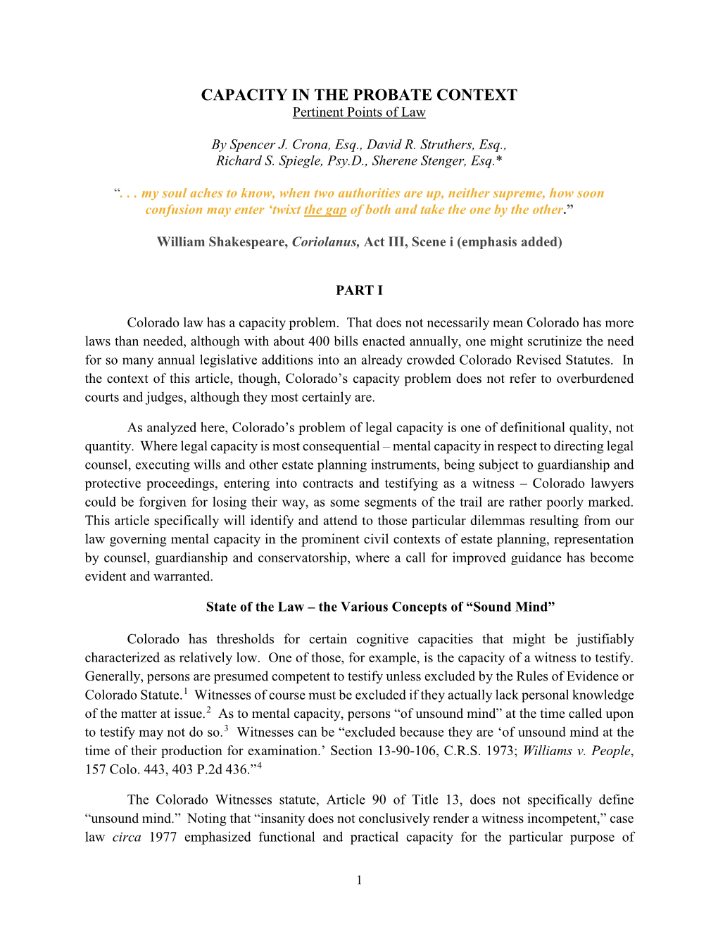 CAPACITY in the PROBATE CONTEXT Pertinent Points of Law