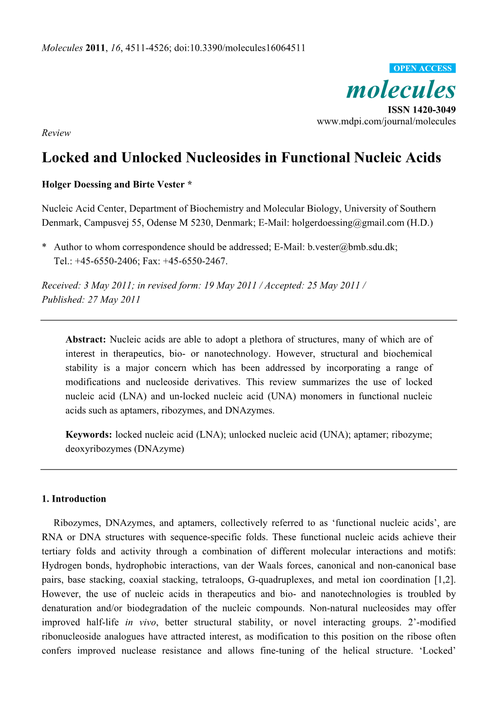 Locked and Unlocked Nucleosides in Functional Nucleic Acids