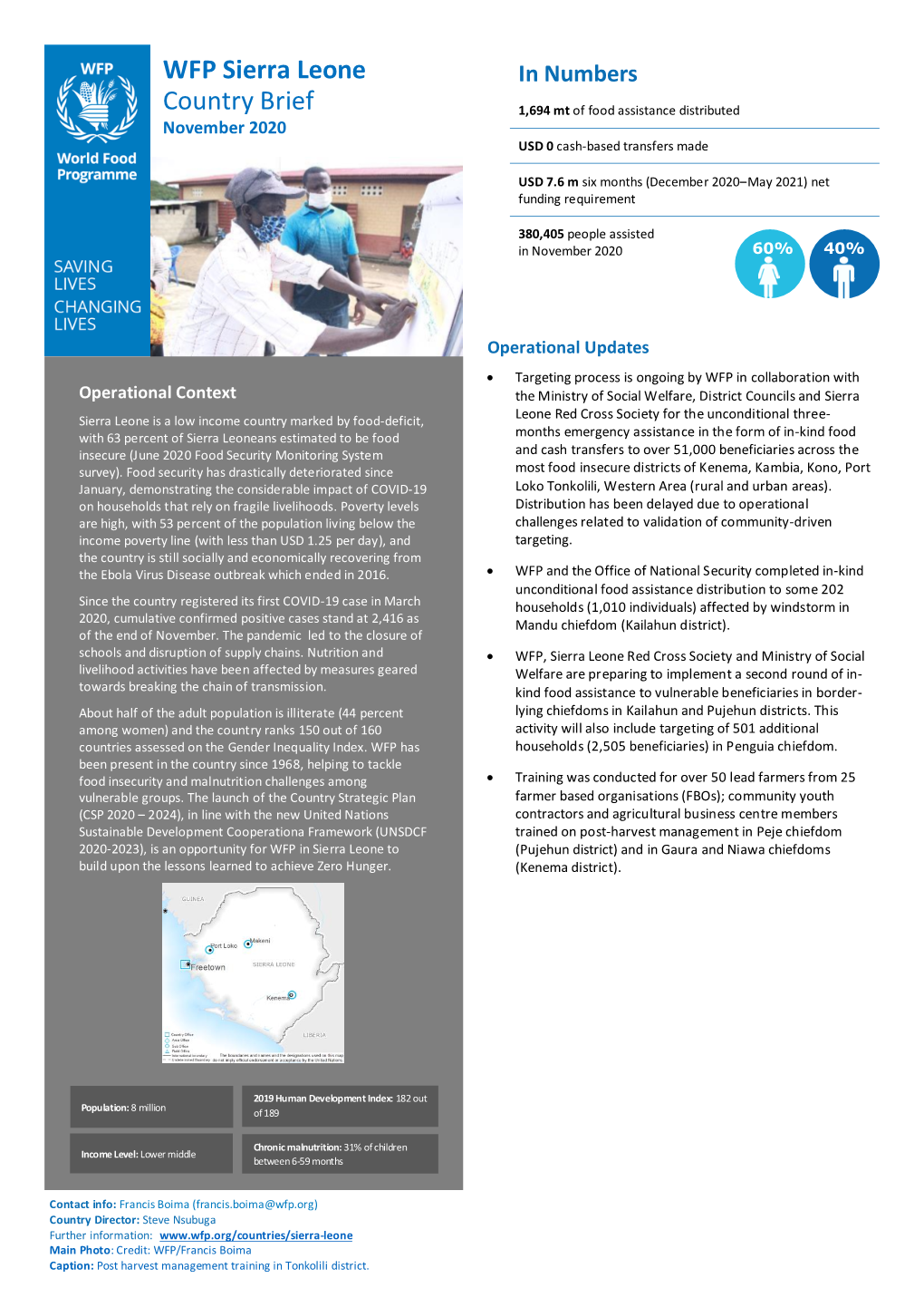 WFP Sierra Leone Country Brief November 2020