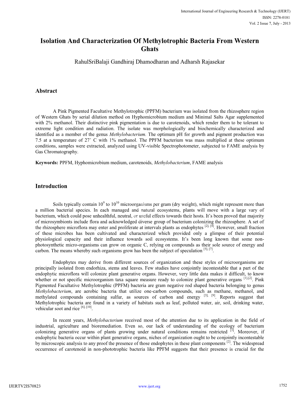 Isolation and Characterization of Methylotrophic Bacteria from Western Ghats