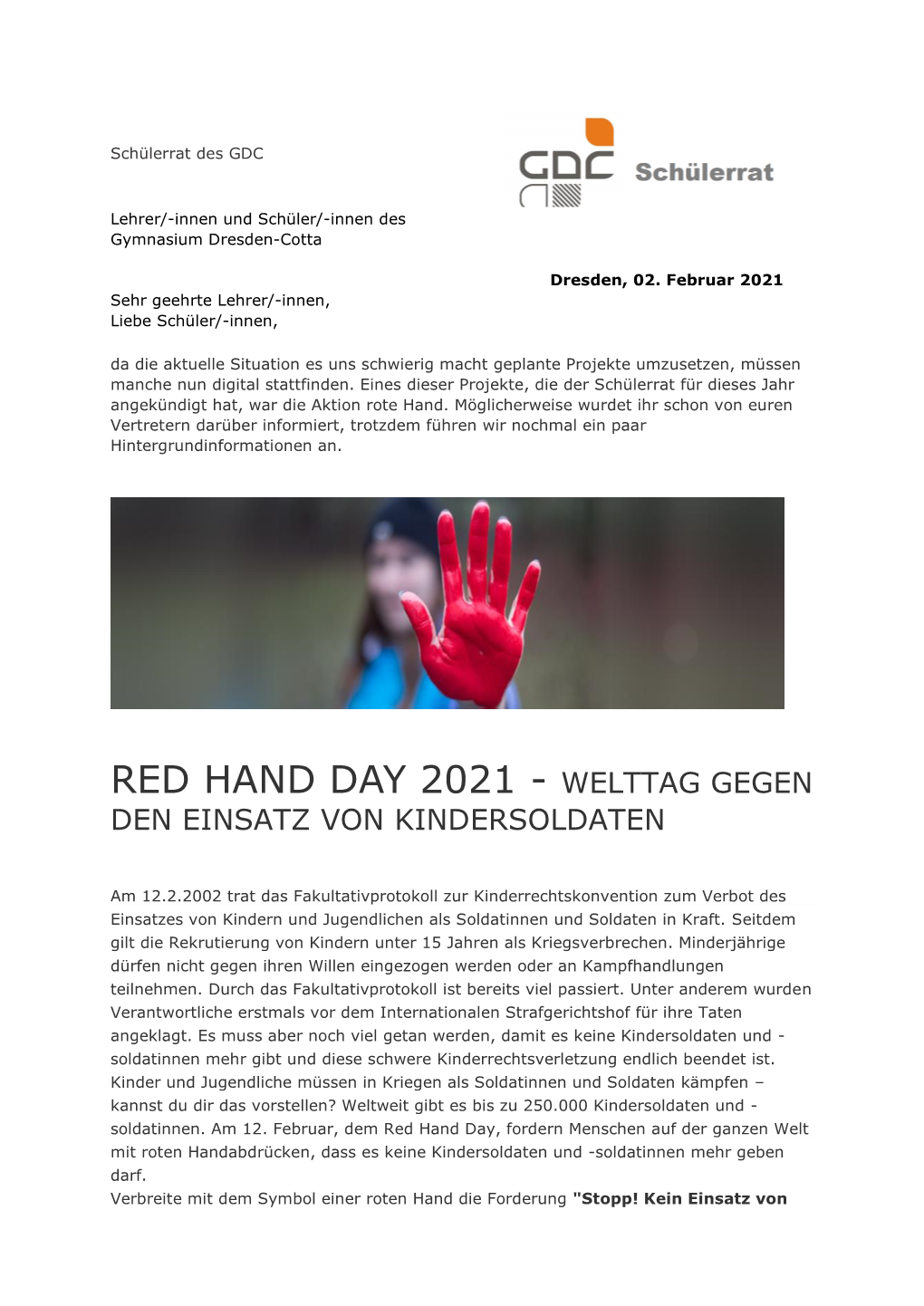 Red Hand Day 2021 - Welttag Gegen Den Einsatz Von Kindersoldaten