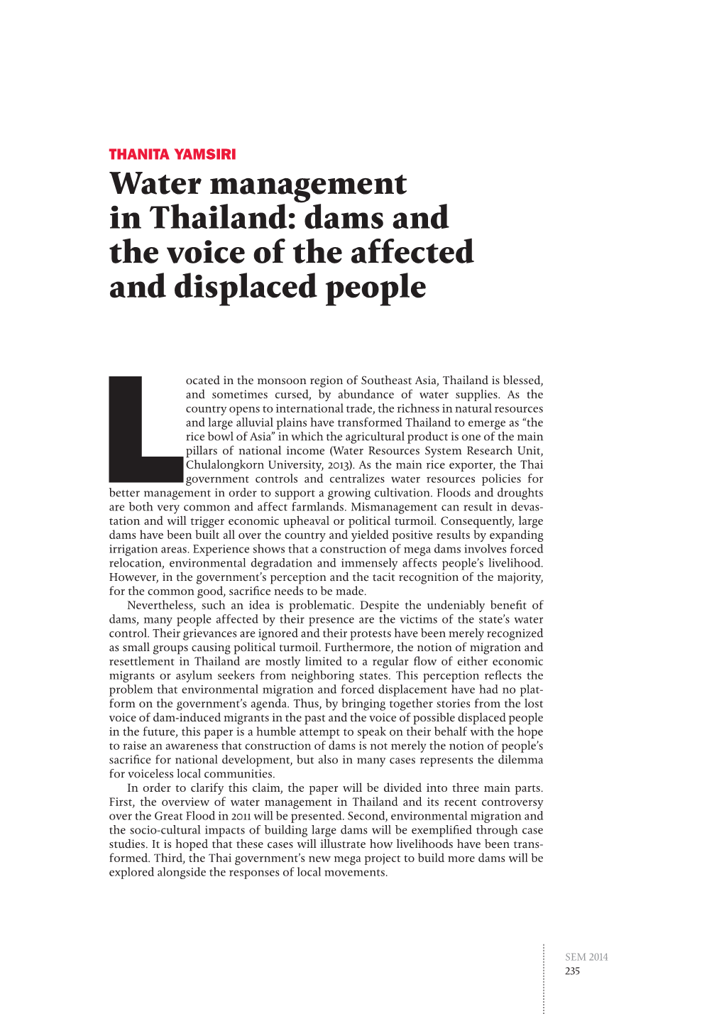Water Management in Thailand: Dams and the Voice of the Affected and Displaced People