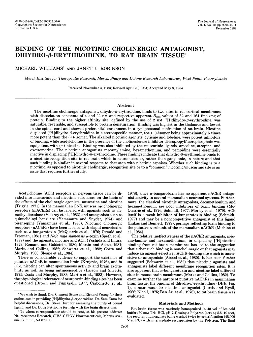 Binding of the Nicotinic Cholinergic Antagonist, Dihydro-&Erythroidine, to Rat Brain Tissue