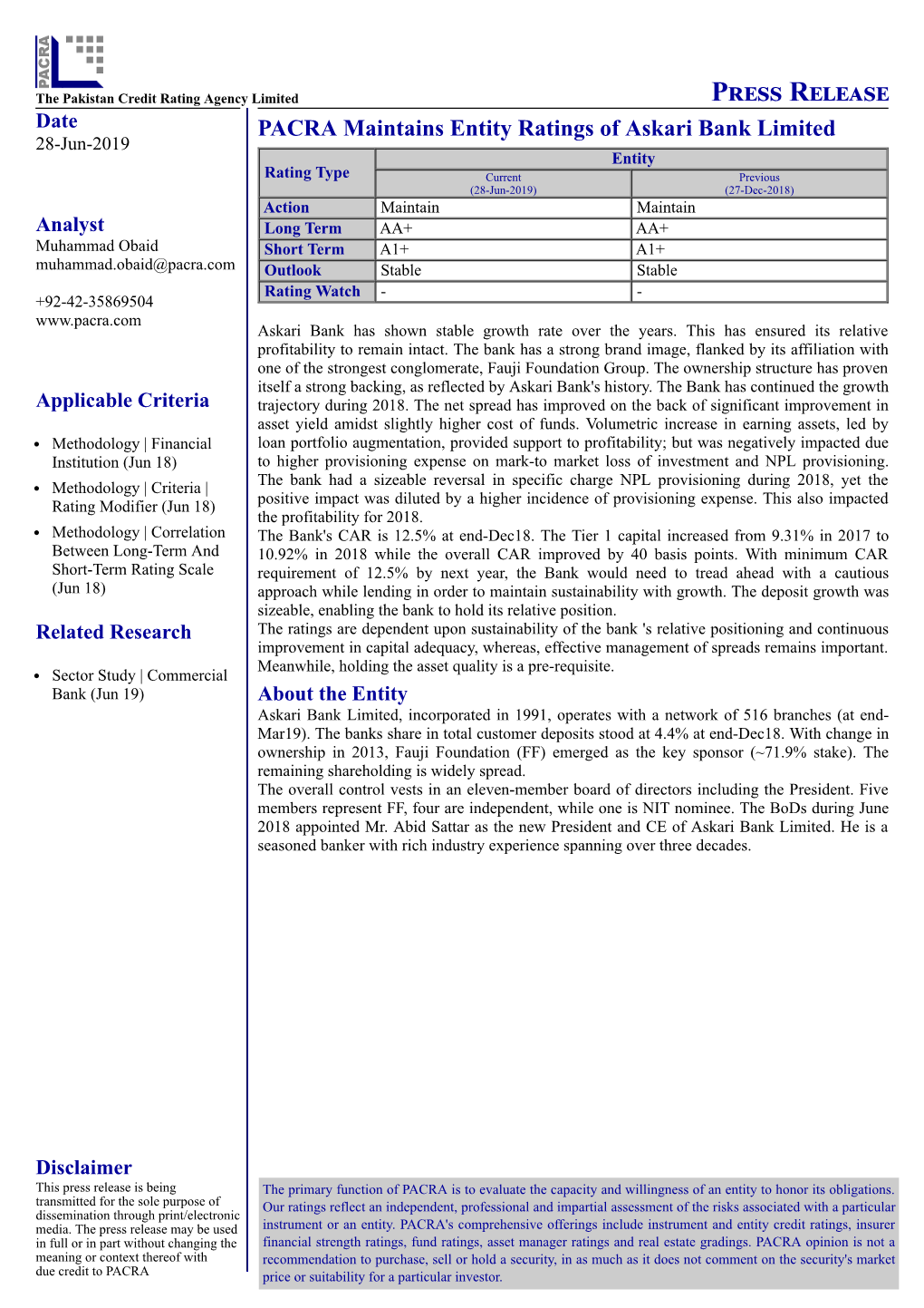 PACRA Maintains Entity Ratings of Askari Bank Limited