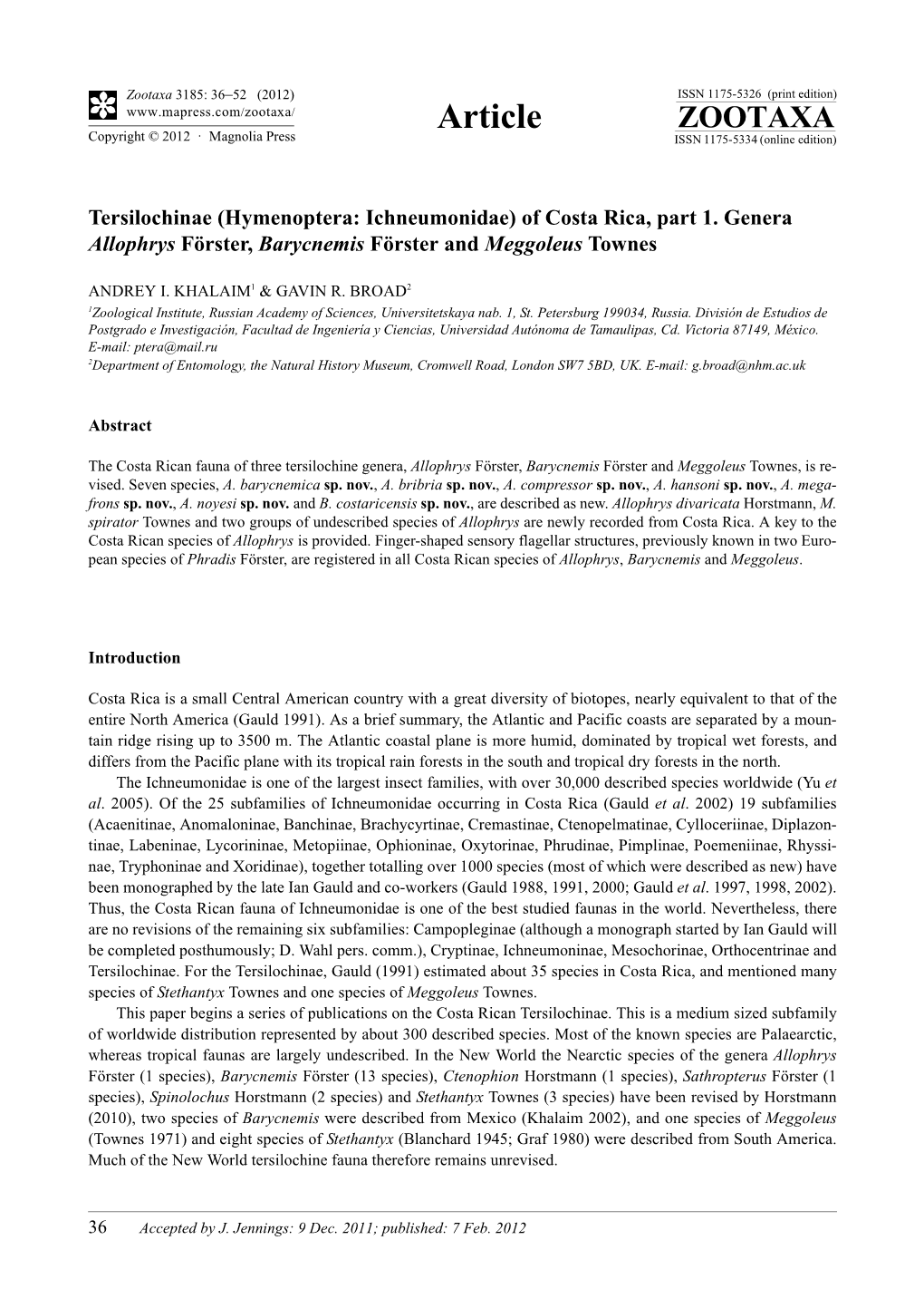 Hymenoptera: Ichneumonidae) of Costa Rica, Part 1