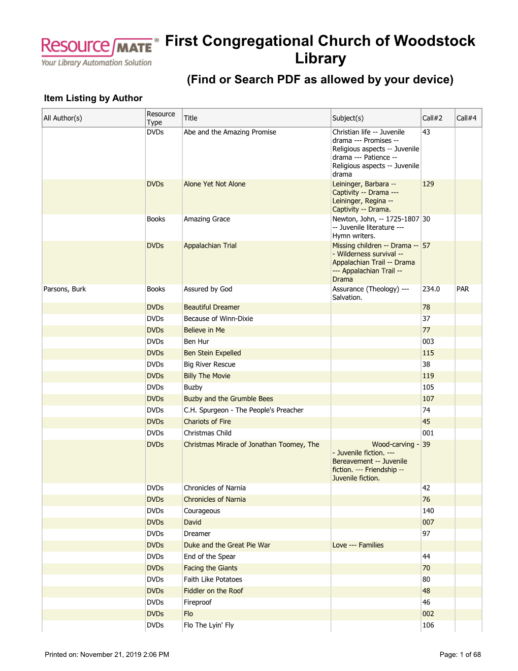 First Congregational Church of Woodstock Library (Find Or Search PDF As Allowed by Your Device) Item Listing by Author