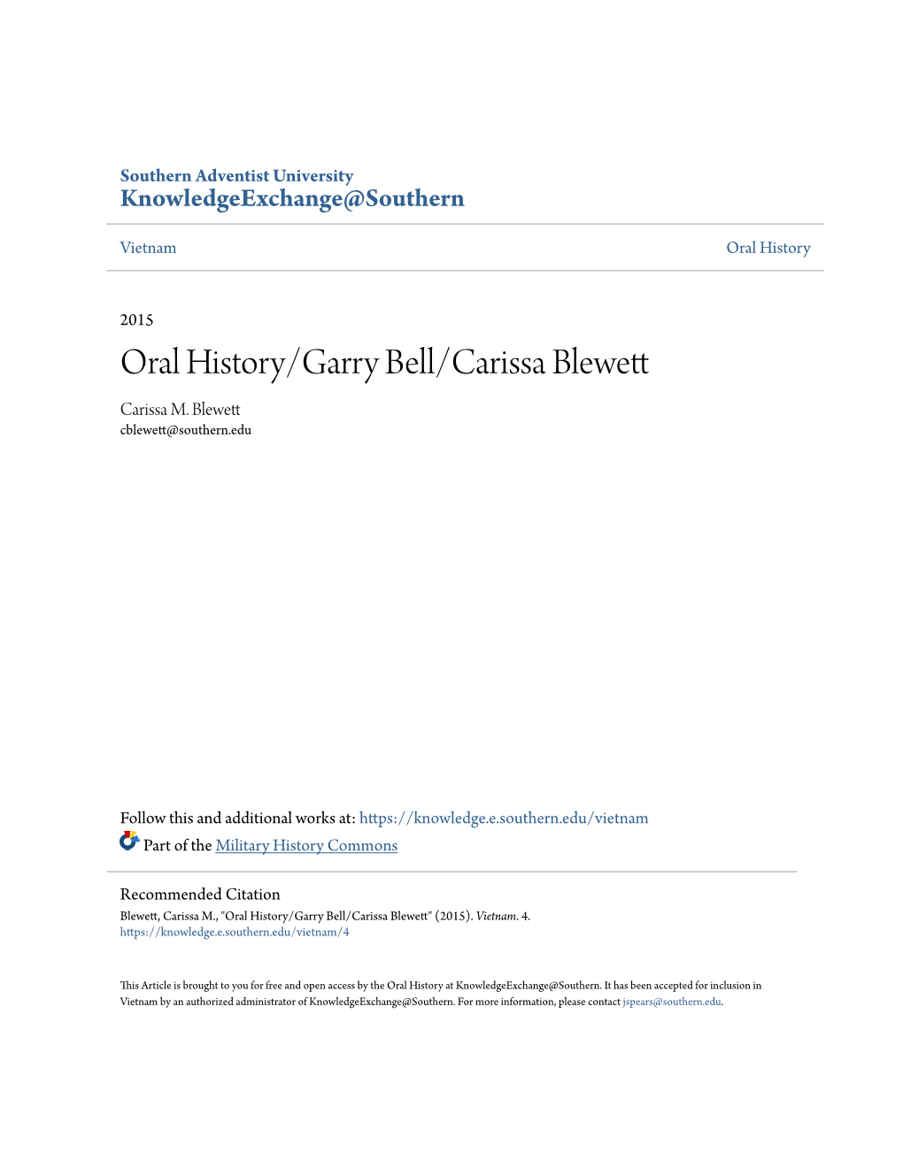Oral History/Garry Bell/Carissa Blewett Carissa M