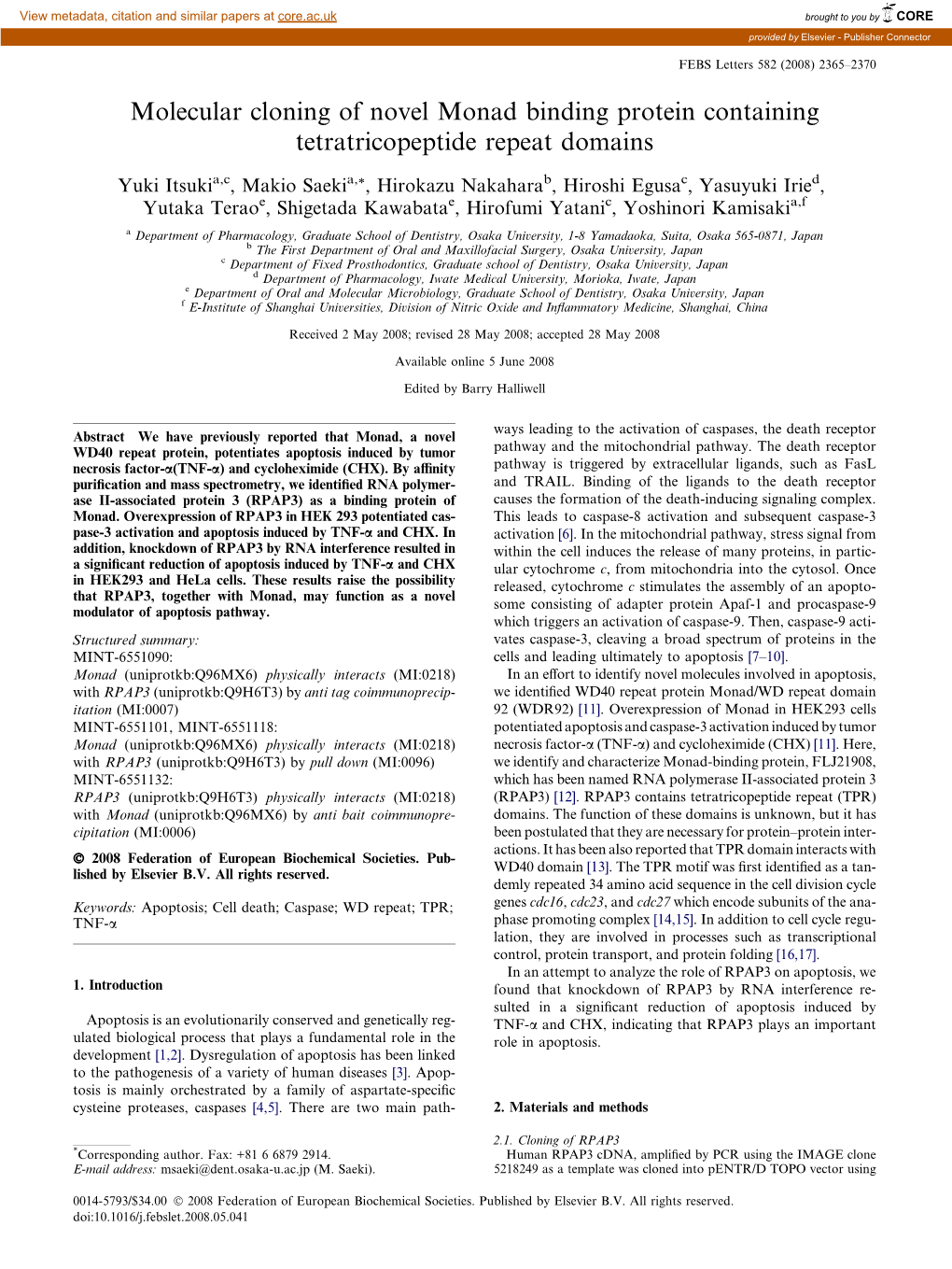 Molecular Cloning of Novel Monad Binding Protein Containing Tetratricopeptide Repeat Domains