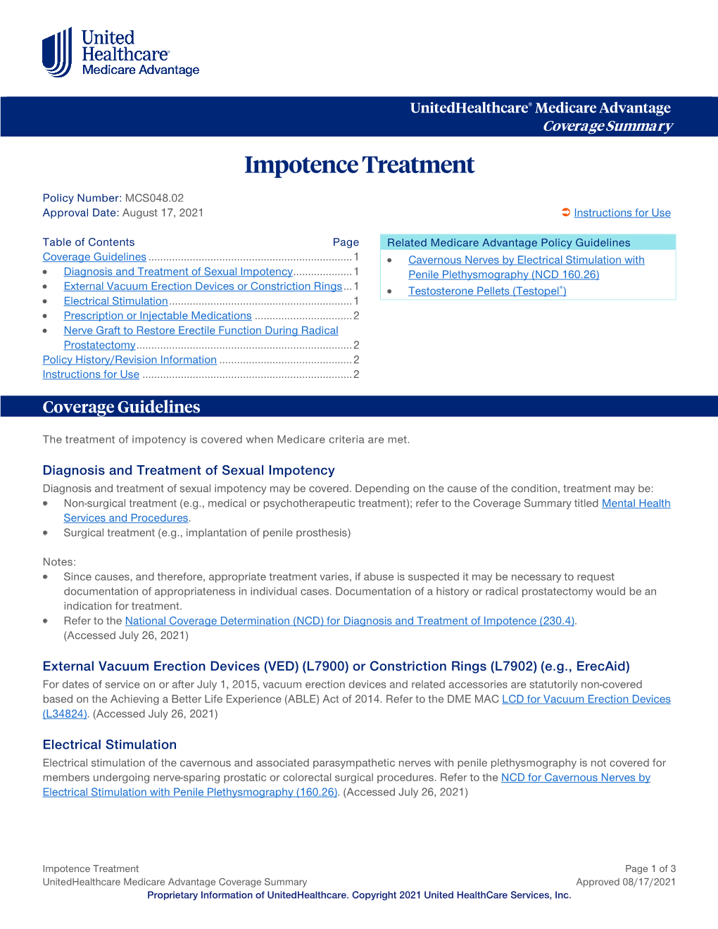 Impotence Treatment – Medicare Advantage Coverage Summary