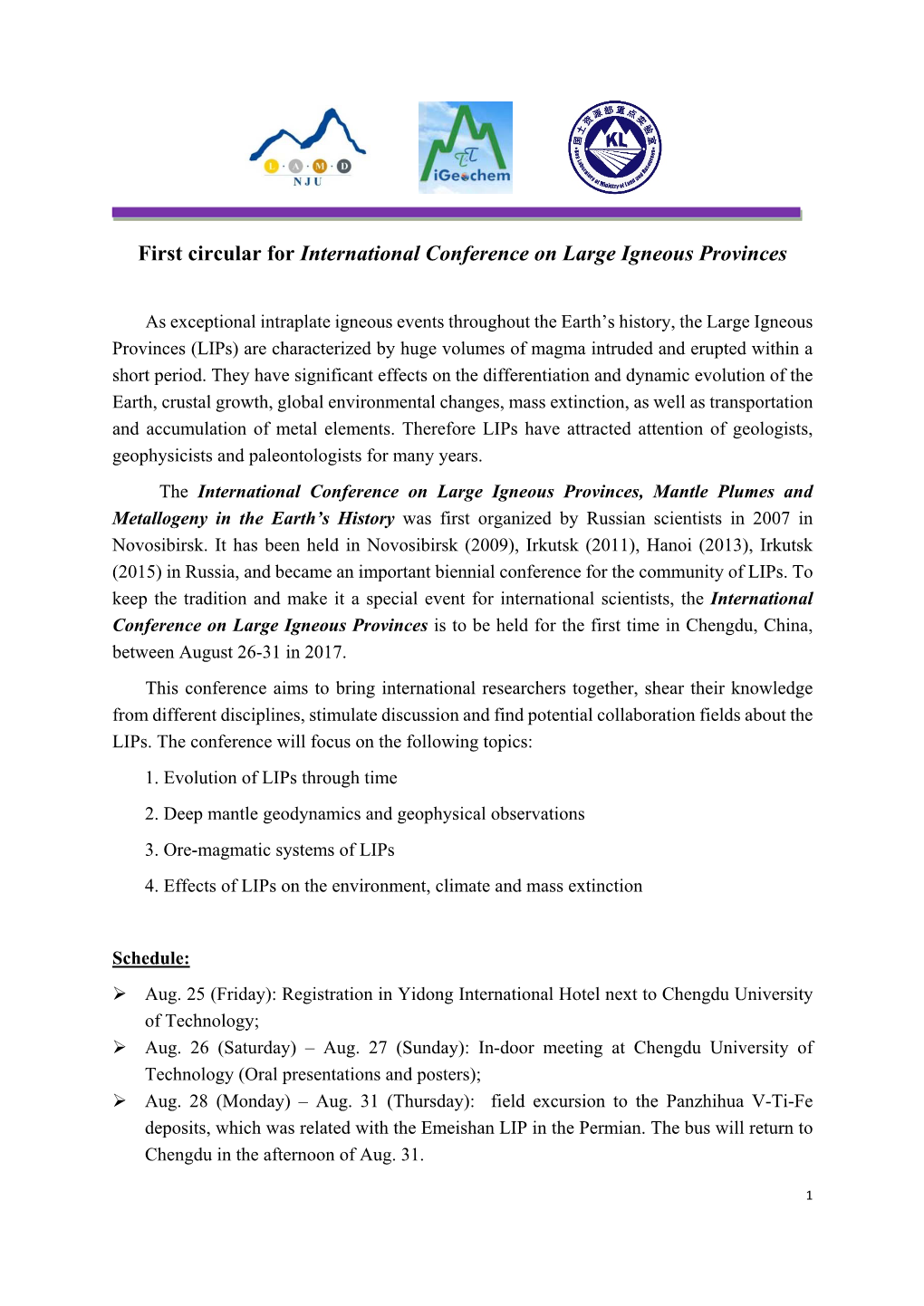 First Circular for International Conference on Large Igneous Provinces