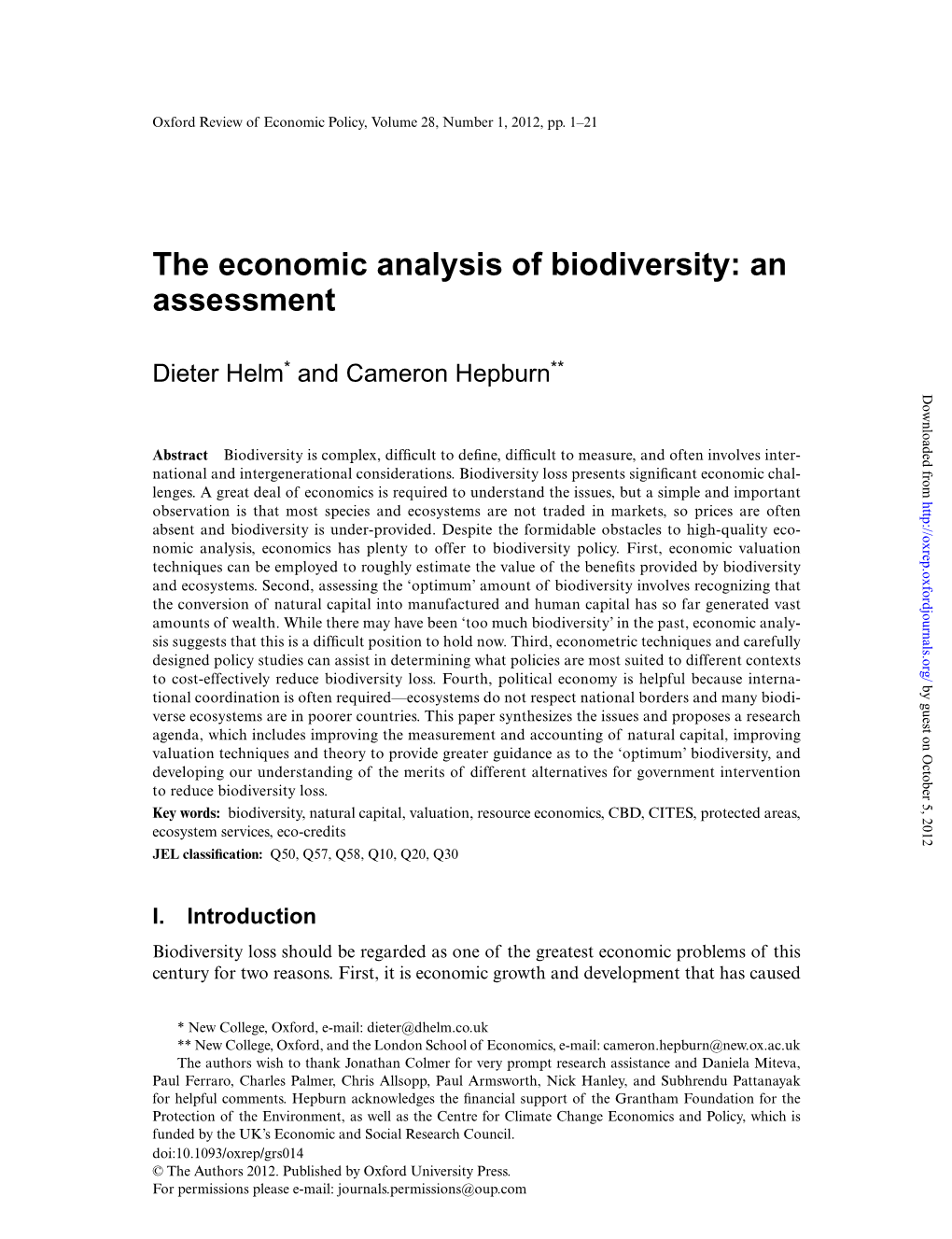 The Economic Analysis of Biodiversity: an Assessment