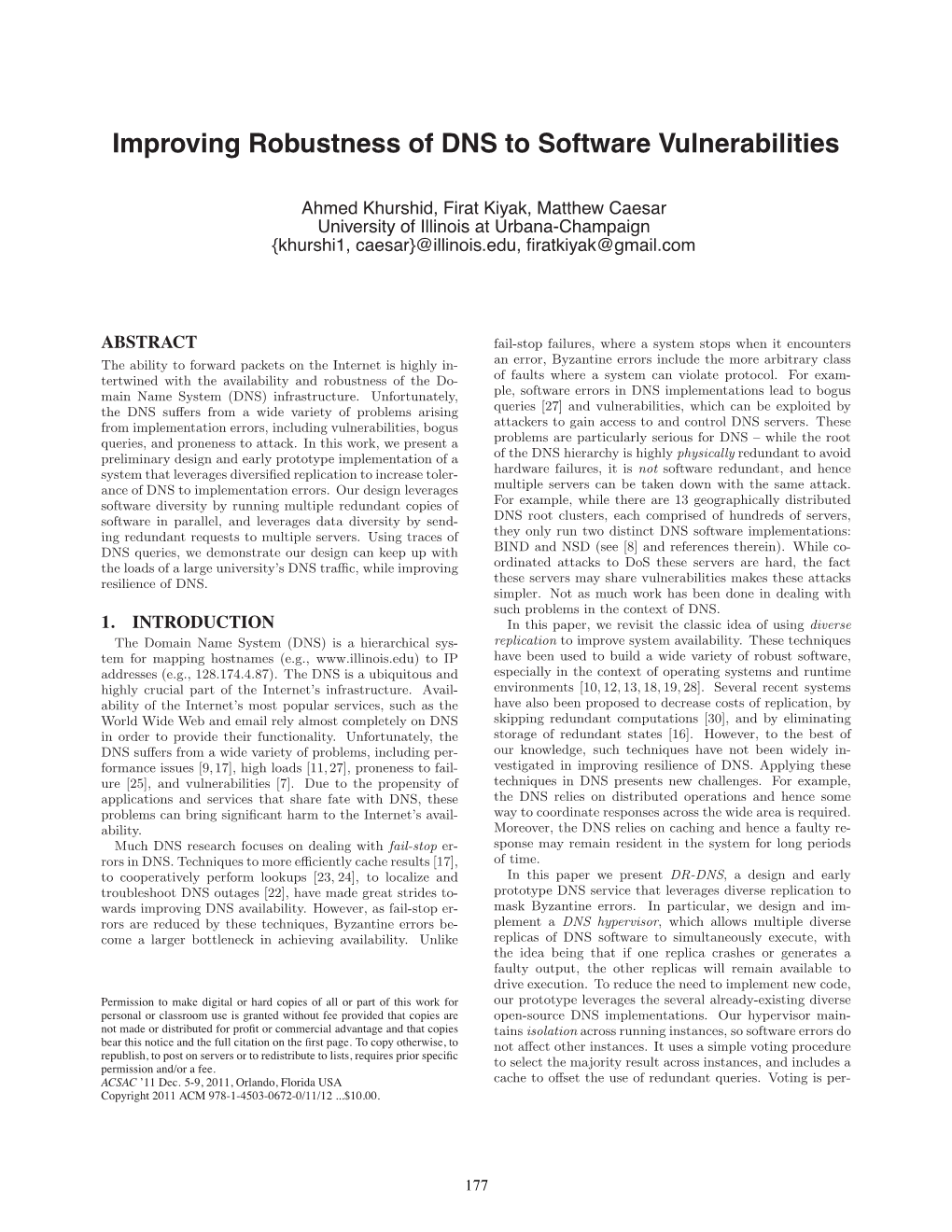 Improving Robustness of DNS to Software Vulnerabilities