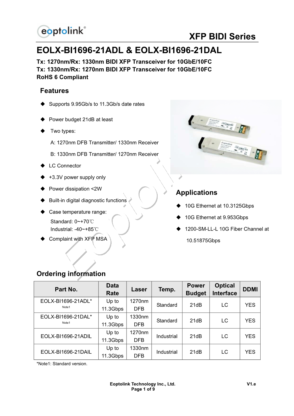 XFP BIDI Series EOLX-BI1696-21ADL