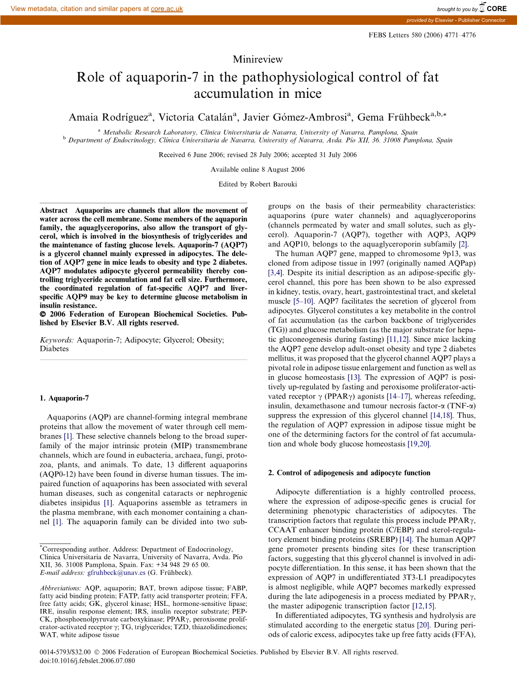 Role of Aquaporin-7 in the Pathophysiological Control of Fat Accumulation in Mice