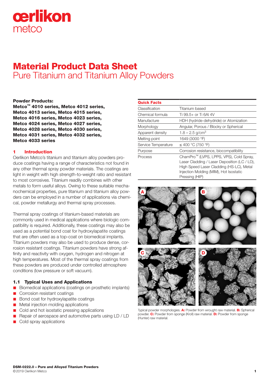 Material Product Data Sheet Pure Titanium and Titanium Alloy Powders