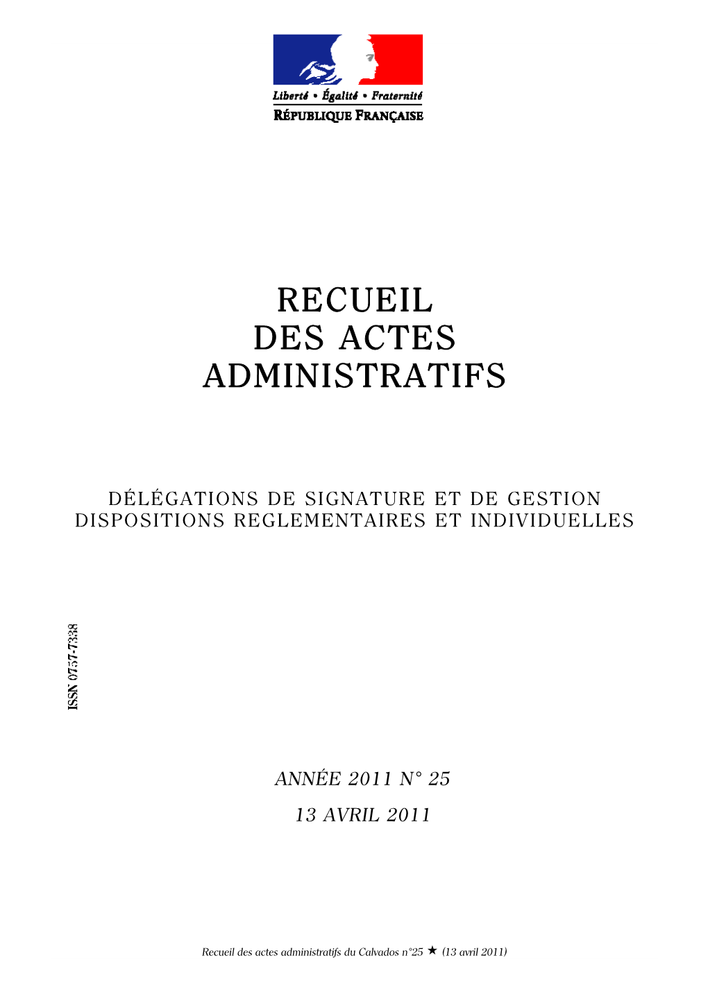 Recueil Des Actes Administratifs N° 25 Du 13 Avril 2011