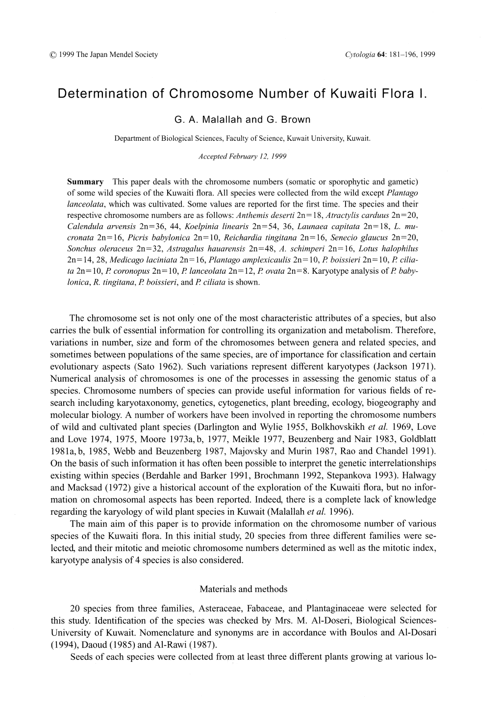 Determination of Chromosome Number of Kuwaiti Flora I. The