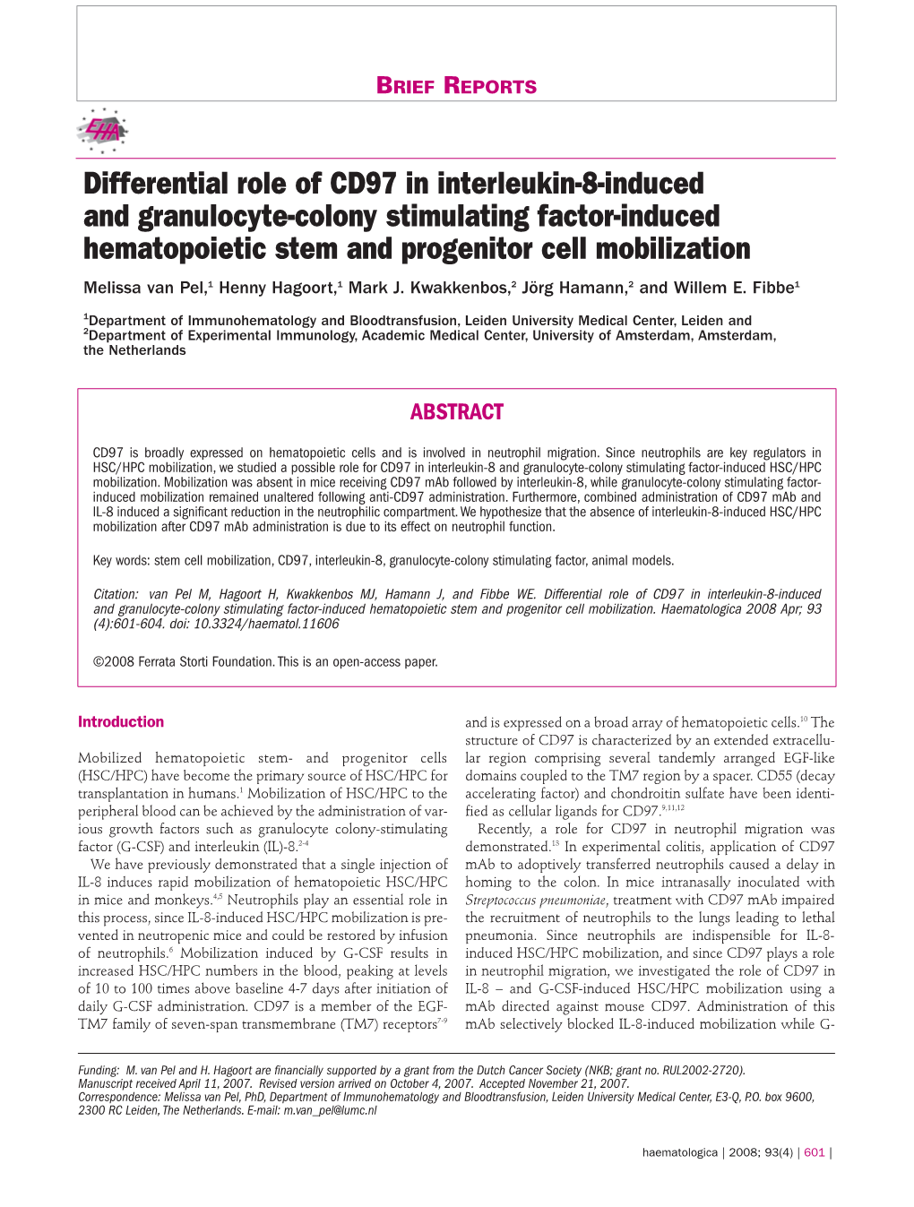 Differential Role of CD97 in Interleukin-8-Induced and Granulocyte-Colony Stimulating Factor-Induced Hematopoietic Stem and Progenitor Cell Mobilization