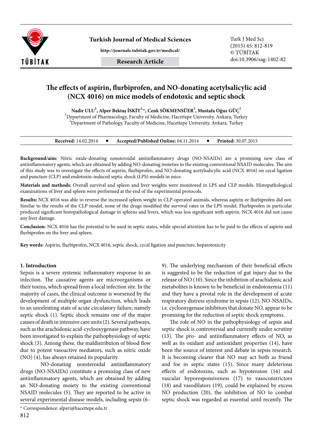 NCX 4016) on Mice Models of Endotoxic and Septic Shock