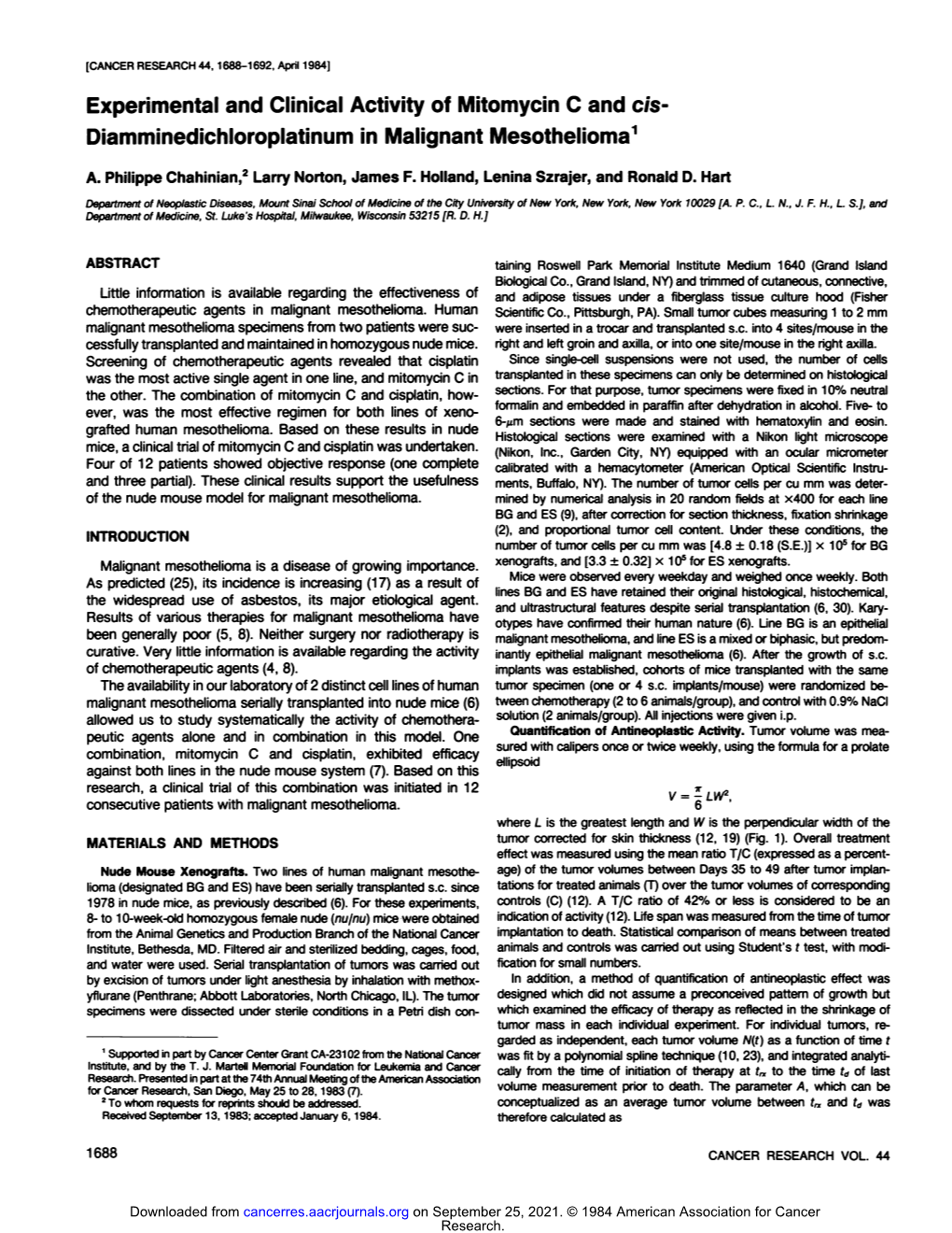 Diamminedichloroplatinum in Malignant Mesothelioma1