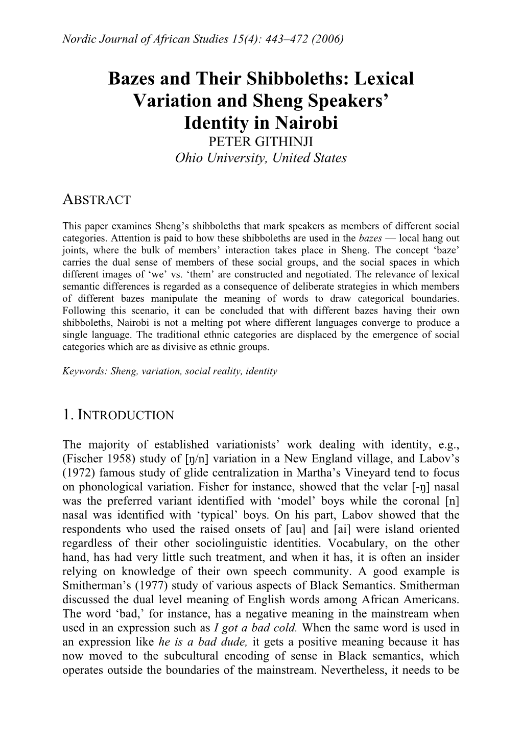 Lexical Variation and Sheng Speakers' Identity in Nairobi