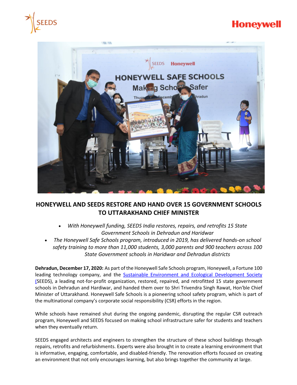 Honeywell and Seeds Restore and Hand Over 15 Government Schools to Uttarakhand Chief Minister