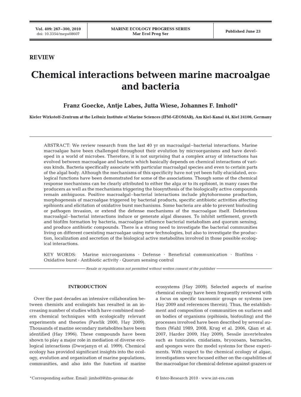 Chemical Interactions Between Marine Macroalgae and Bacteria