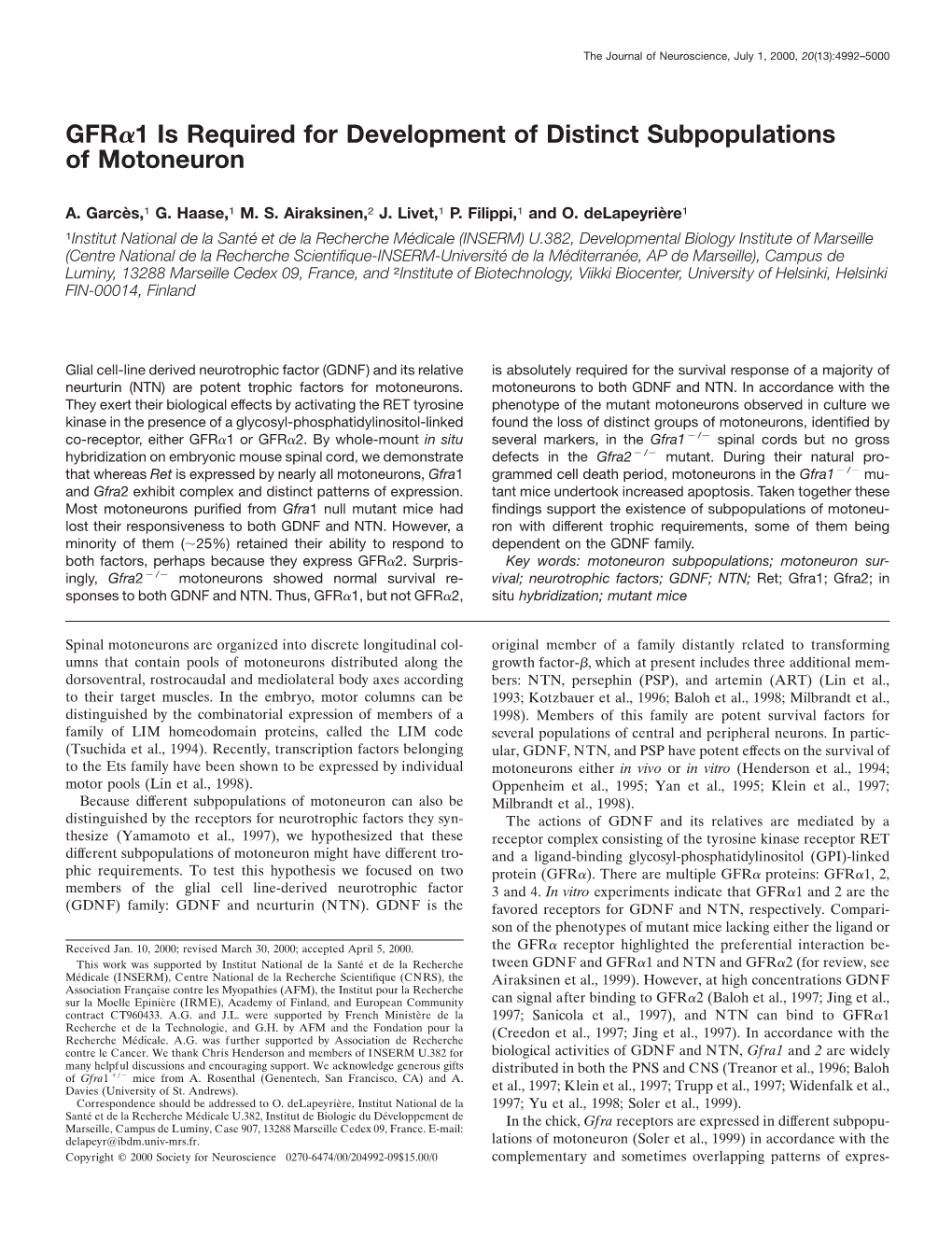 Gfrα1 Is Required for Development of Distinct Subpopulations of Motoneuron