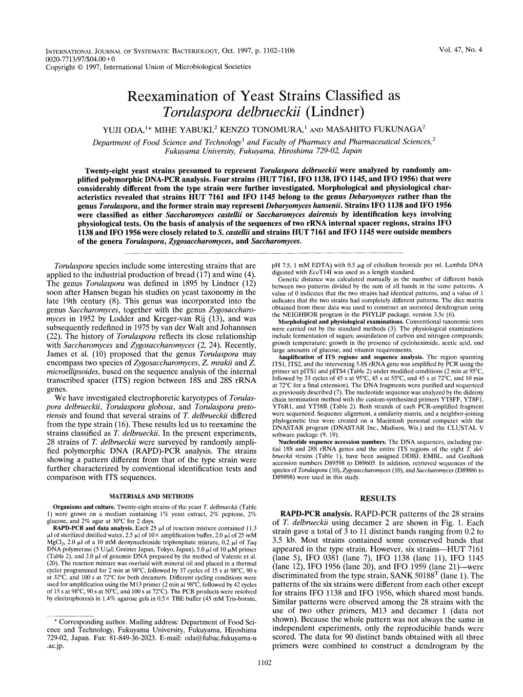 Reexamination of Yeast Strains Classified As Torulaspora Delbmeckii