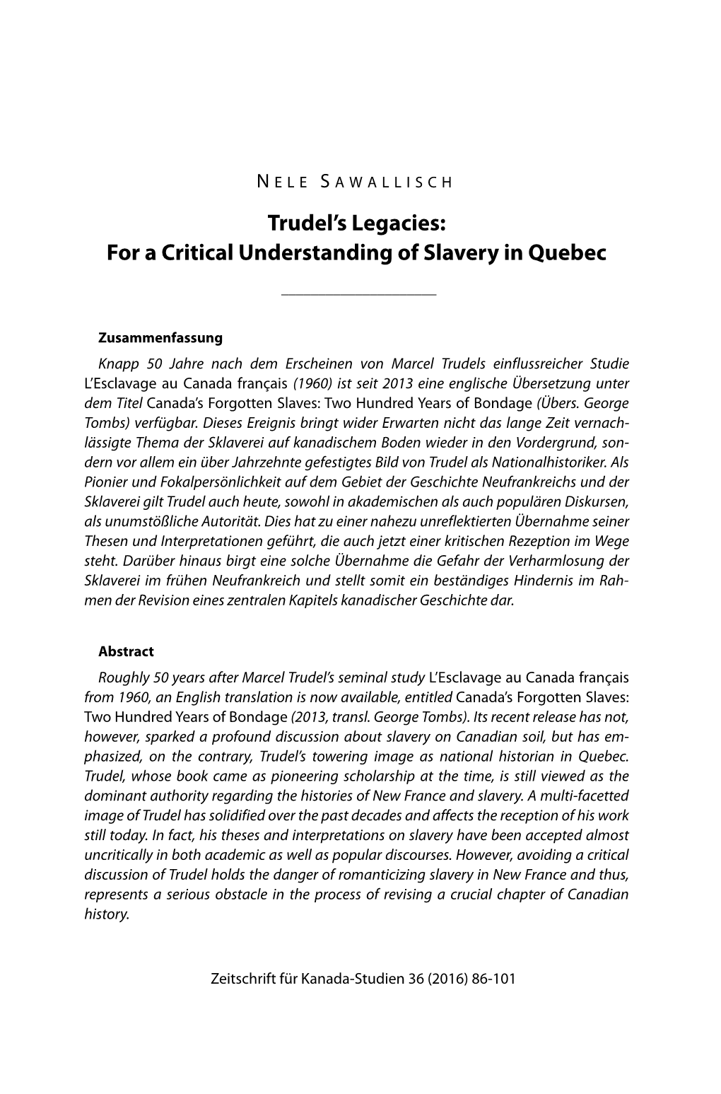 Trudel's Legacies: for a Critical Understanding of Slavery in Quebec