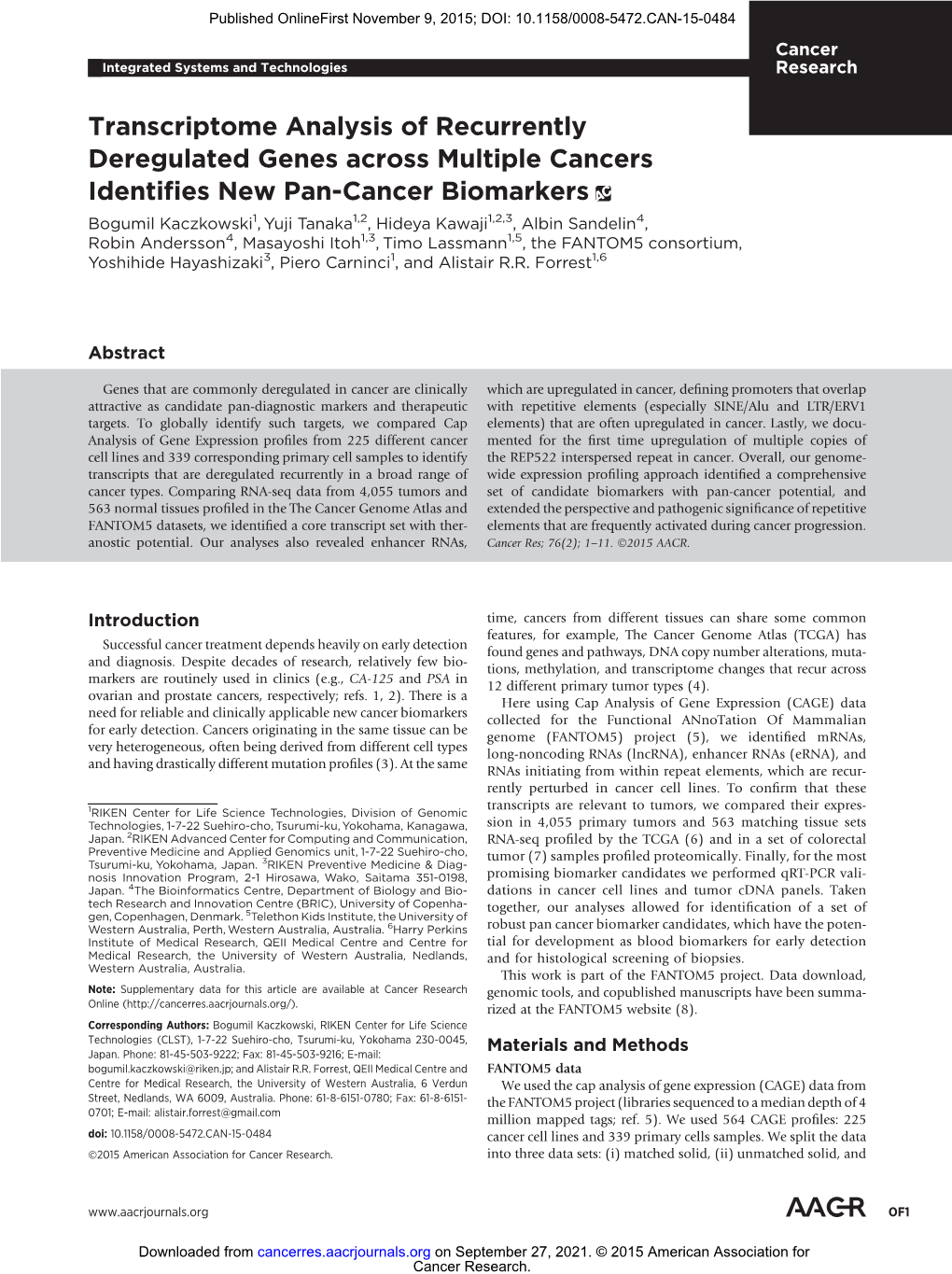 Transcriptome Analysis of Recurrently Deregulated Genes Across Multiple