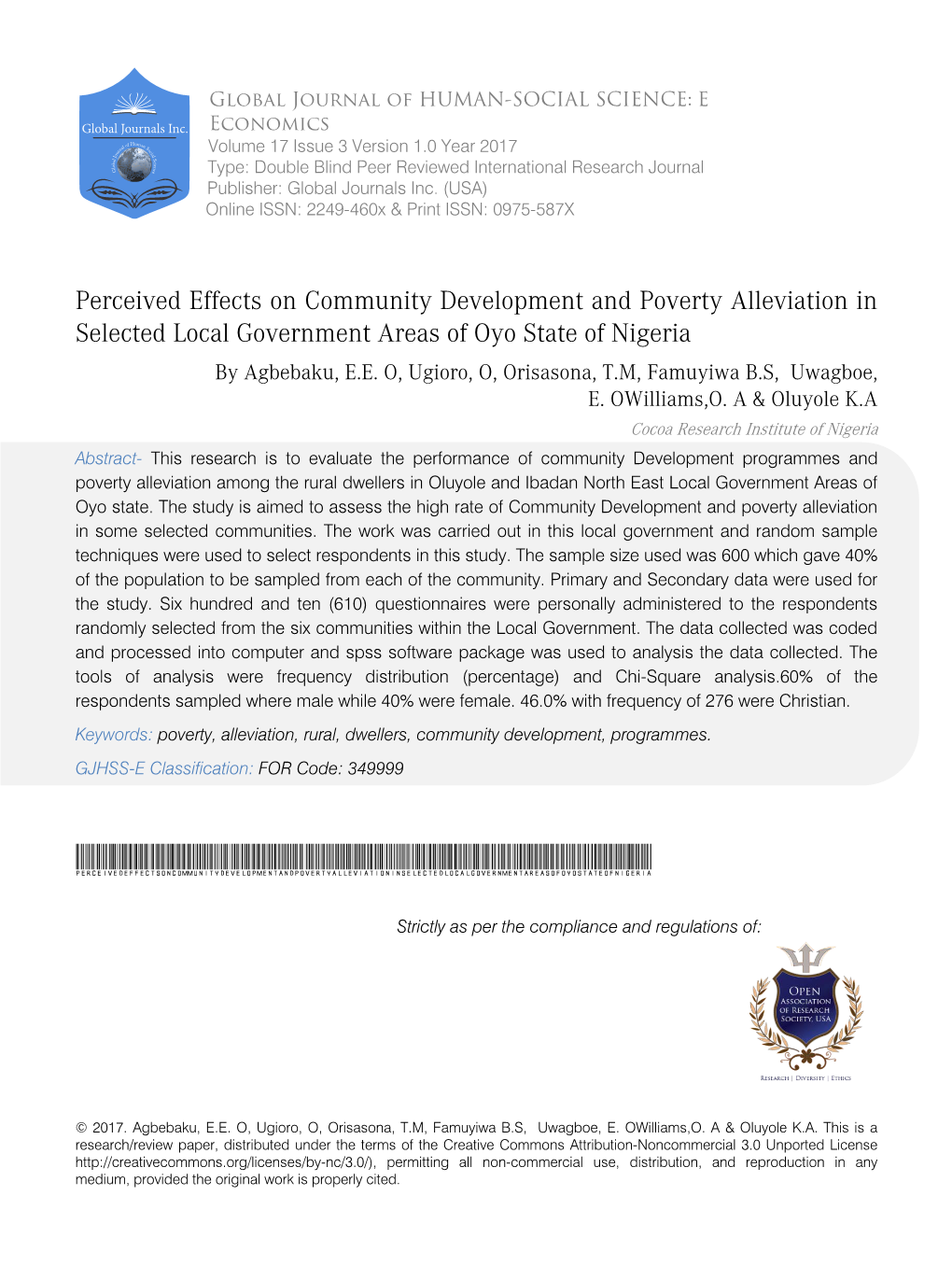 Perceived Effects on Community Development and Poverty Alleviation Inselected Local Government Areas of Oyo State of Nigeria