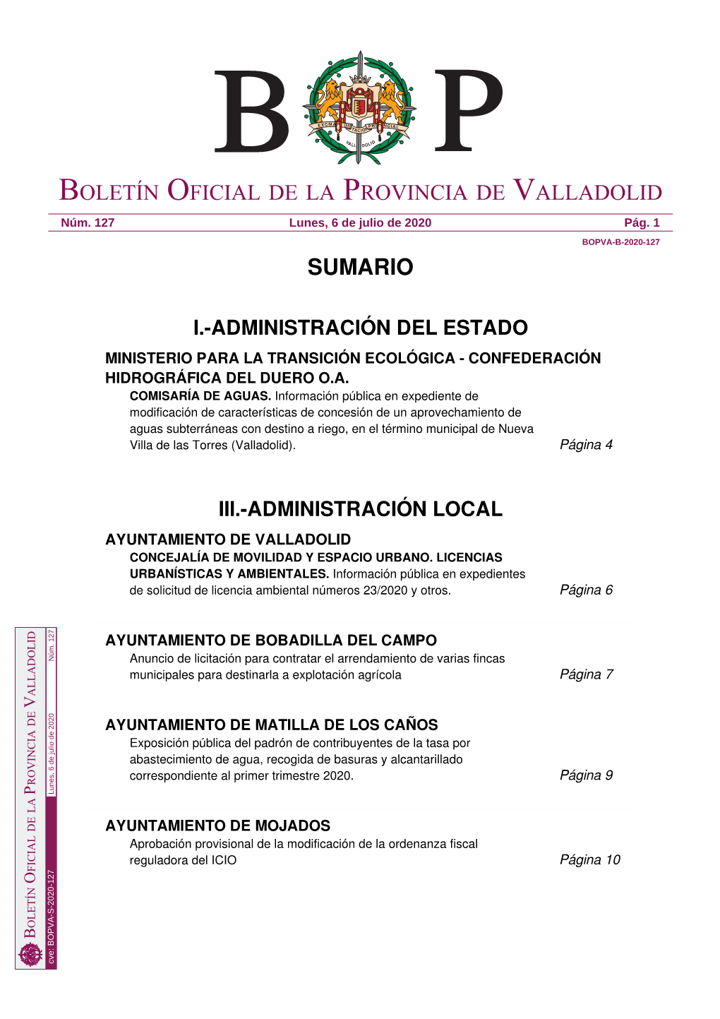 Sumario Boletín Oficial De La Provincia De Valladolid