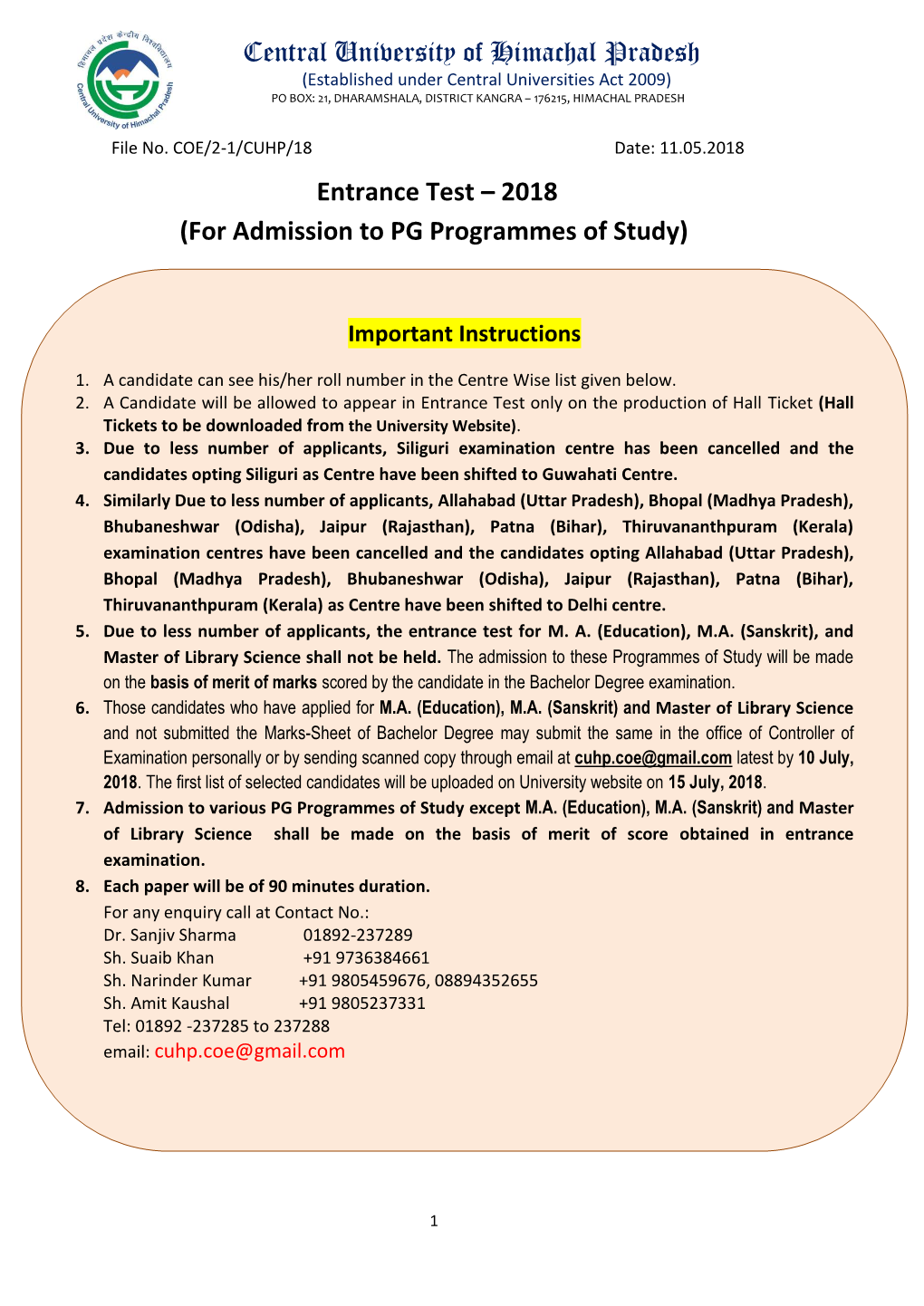 2018 (For Admission to PG Programmes of Study)