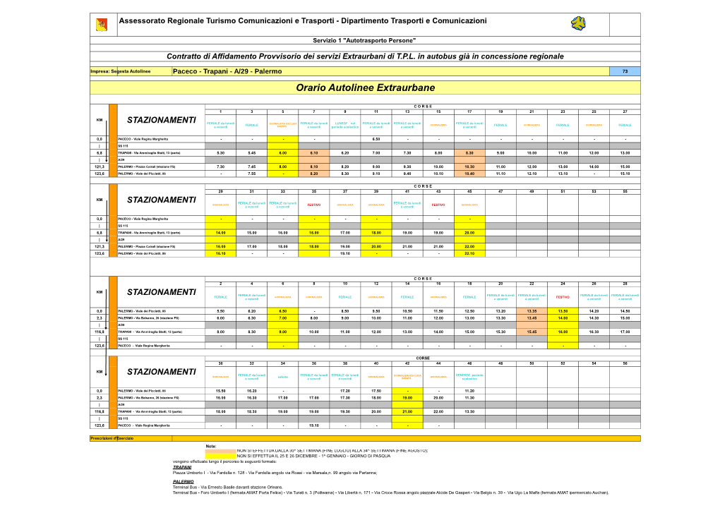Segesta Autolinee Paceco - Trapani - A/29 - Palermo 73 Orario Autolinee Extraurbane
