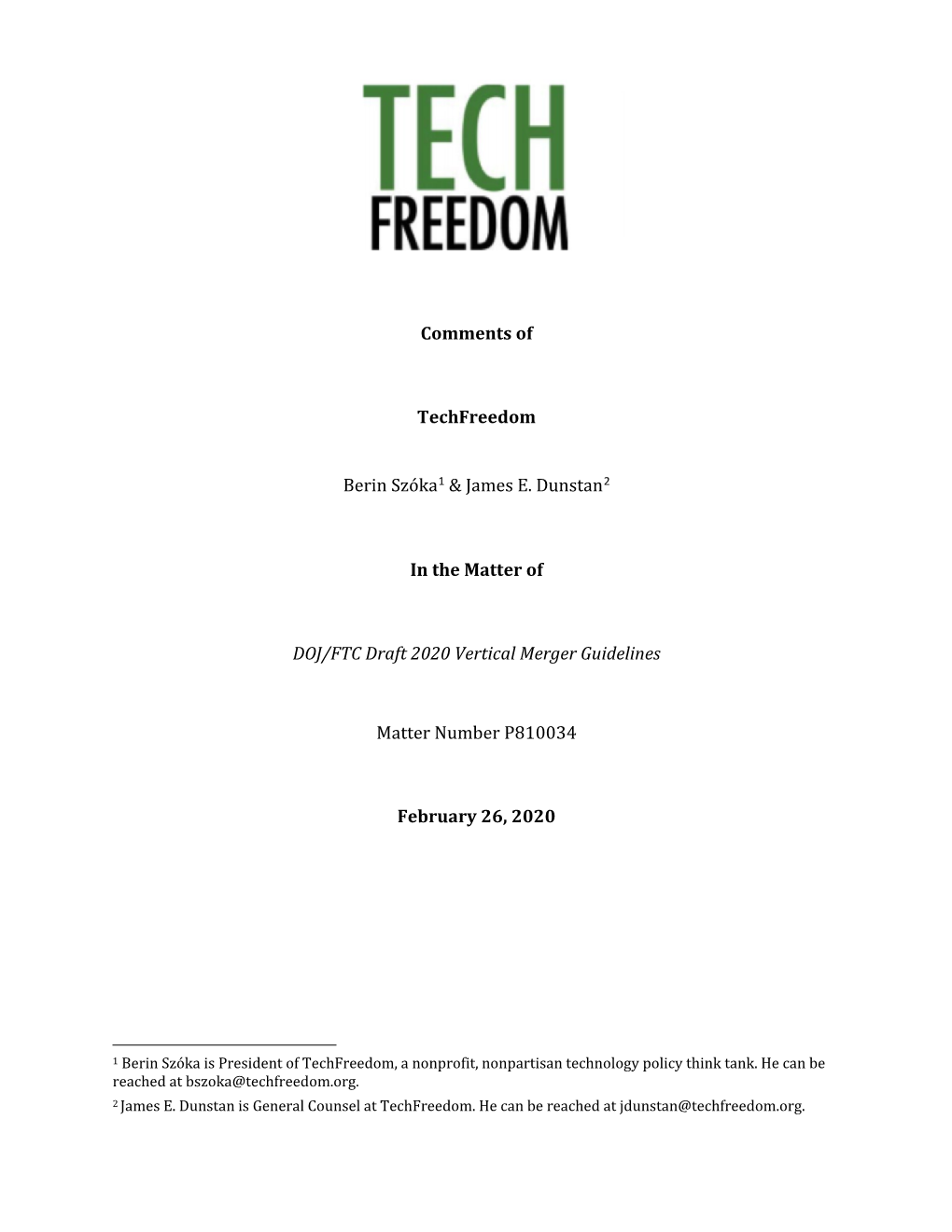 Comments of Techfreedom in the Matter of DOJ/FTC Draft 2020