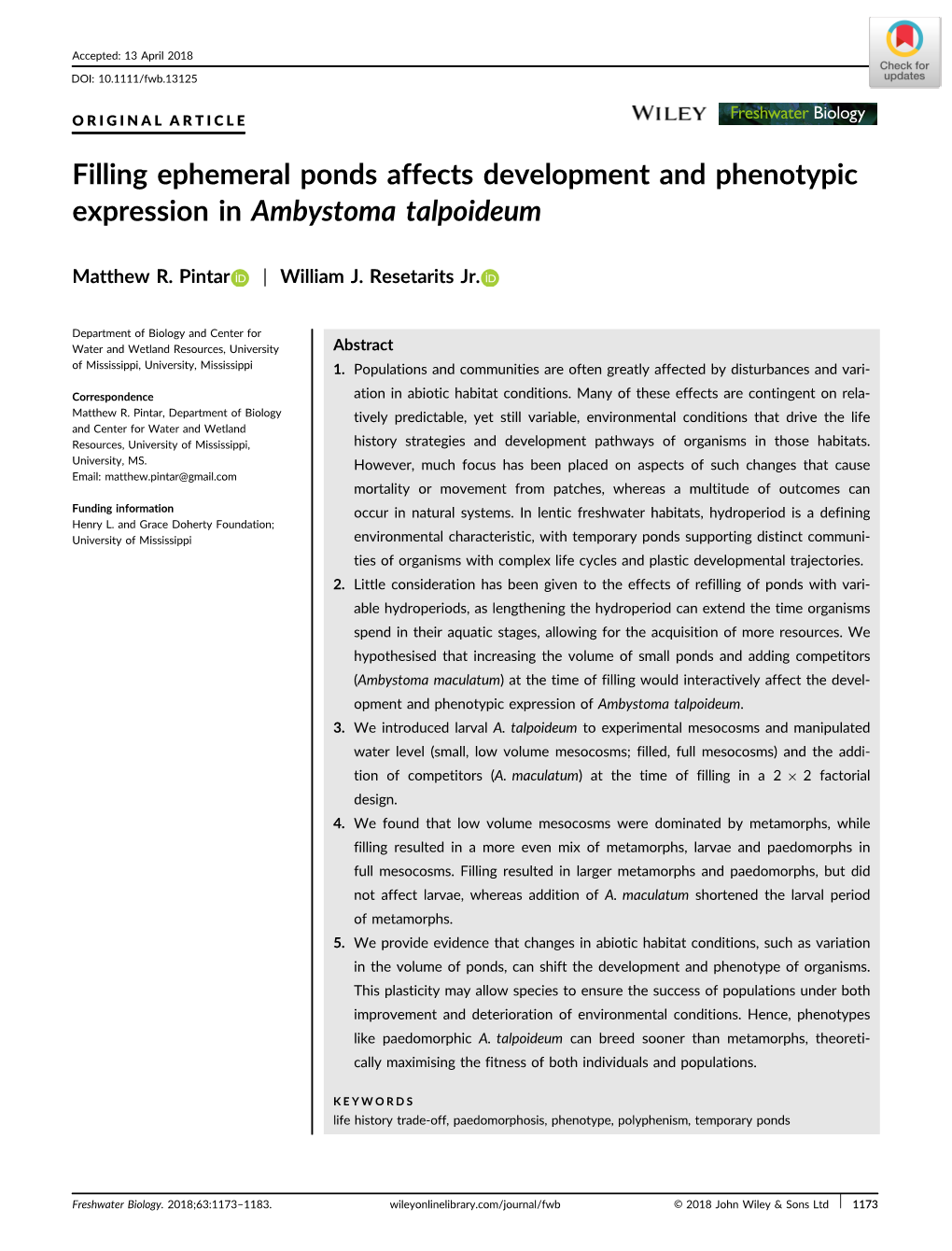 Filling Ephemeral Ponds Affects Development and Phenotypic Expression in Ambystoma Talpoideum