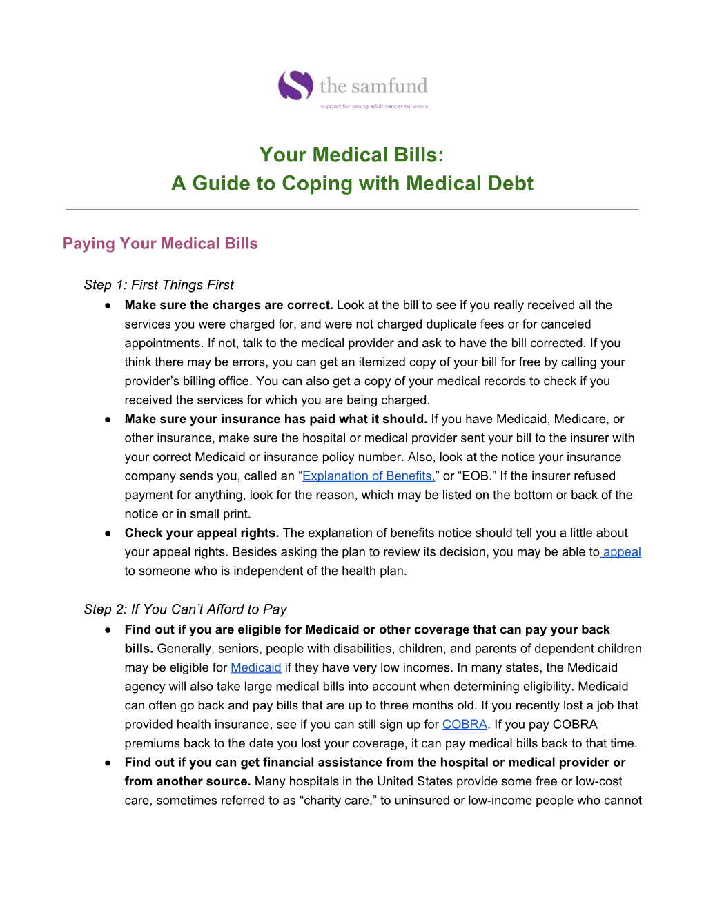 Your Medical Bills: a Guide to Coping with Medical Debt