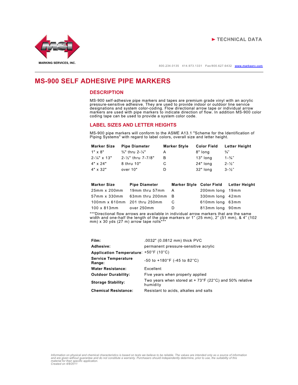 Ms-900 Self Adhesive Pipe Markers