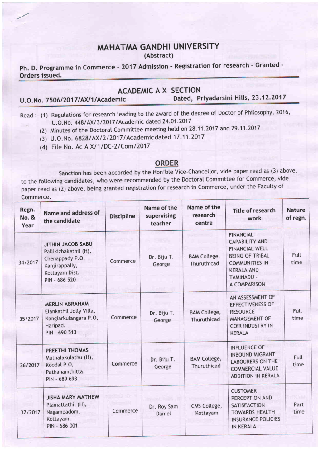 MAHATMA GANDHI UNIVERSITY (Abstract) - - Ph