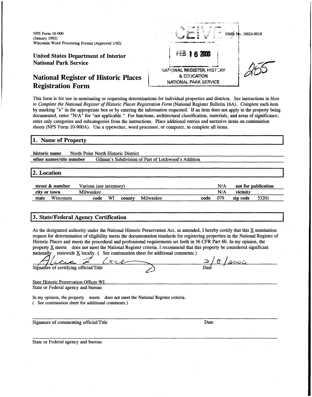 FEB | 6 2DOO National Register of Historic Places I & EDUCATION